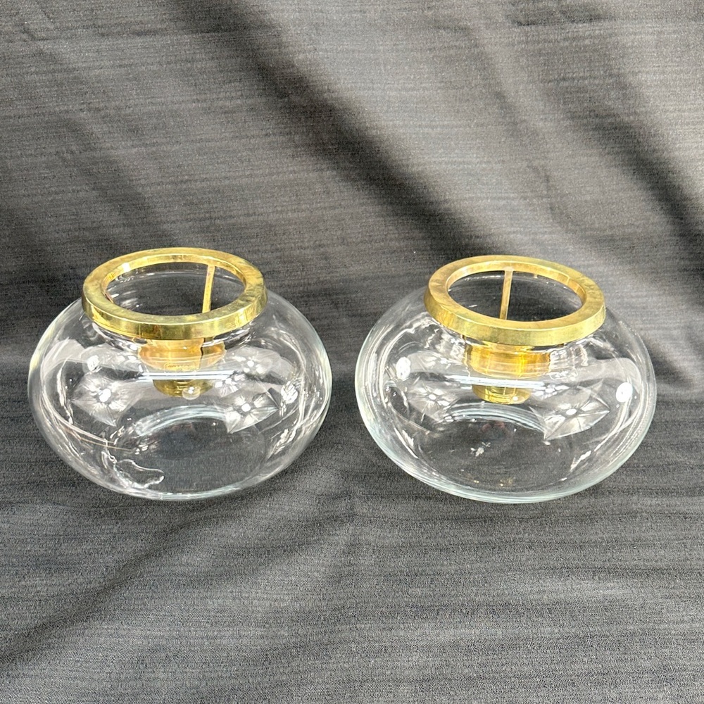 Vtg Crate & Barrel Set 2 Blown Glass Bowls W/Solid Brass Candle Inserts Stickers
